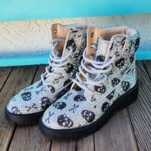 Betsey Johnson Hudson Skulls Biker Bling Boots 7.5